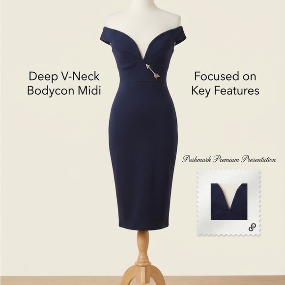 Boohoo Dresses & Skirts - Off-Shoulder Deep V-Neck Bodycon Midi Dress - Navy